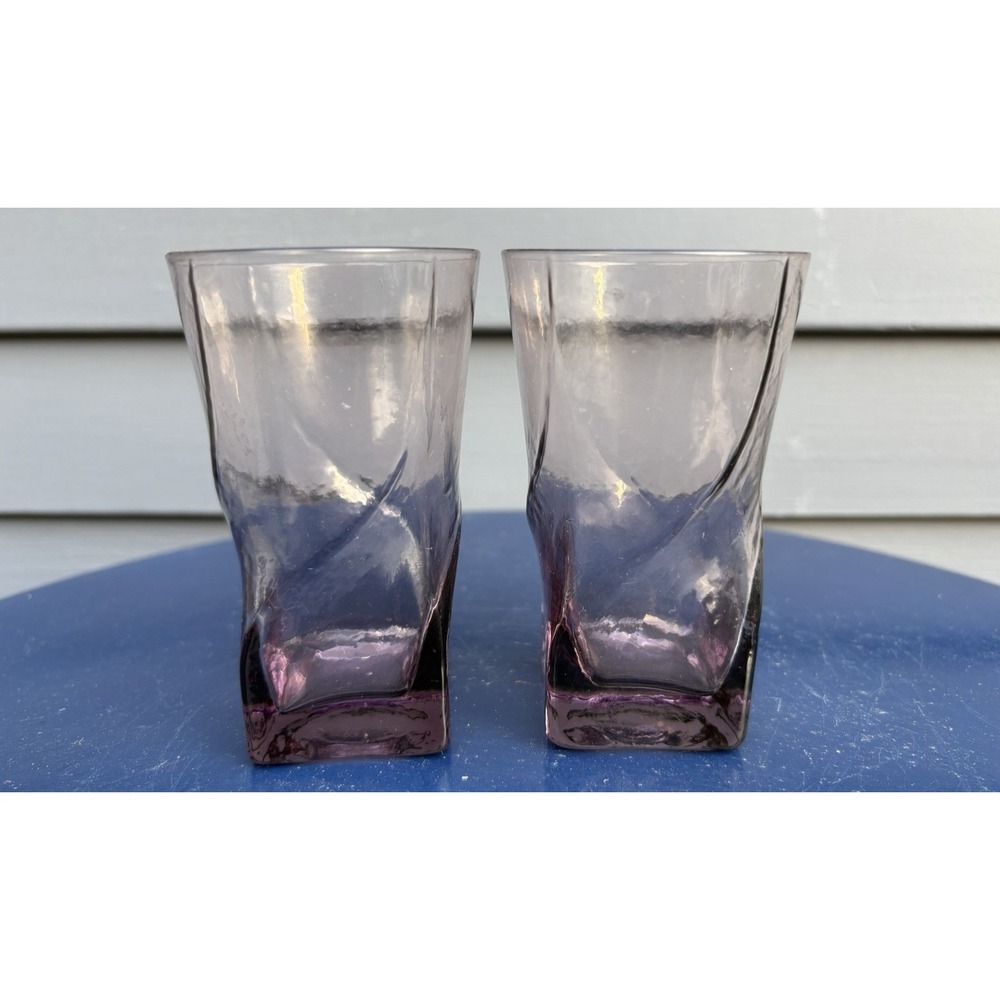 Vintage Morgantown crinkle purple square base twist glass tumblers bar juice HTF